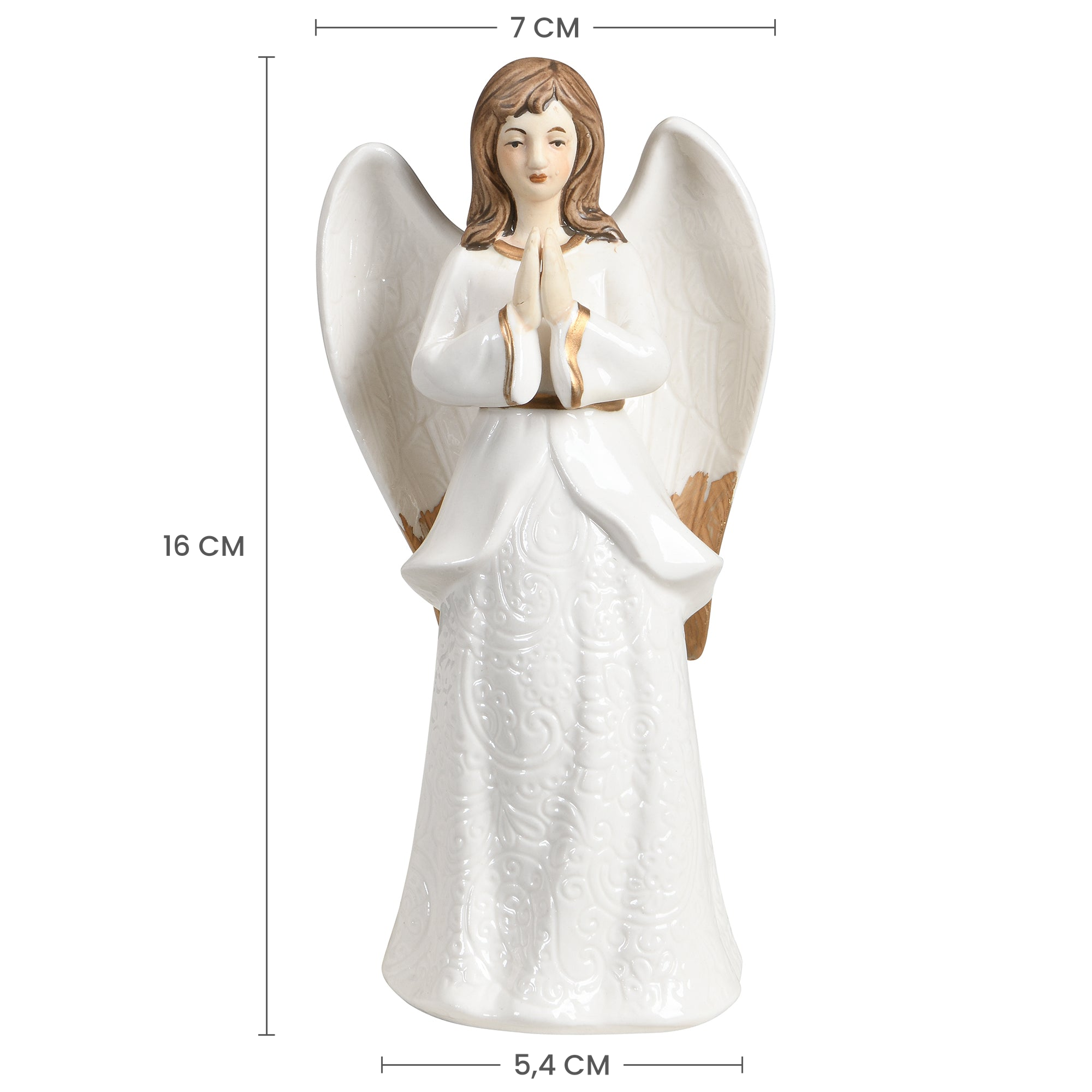 Croquis coté de l'ange de la Crèche de Noël Céleste : 16 cm de hauteur, 5,4 cm de largeur, 7 cm d'envergure
