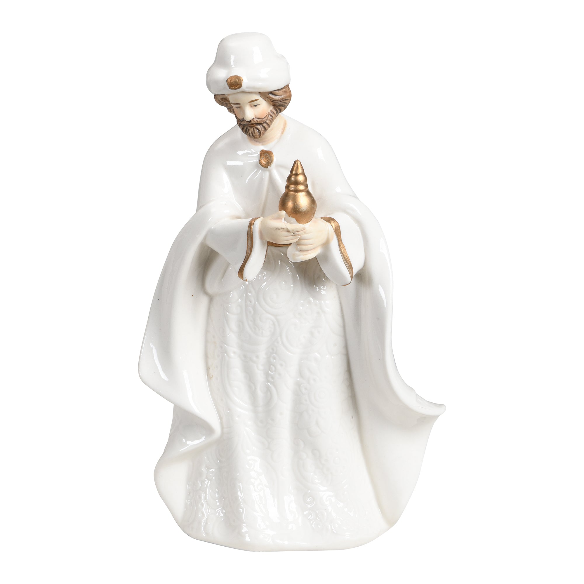 Figurine de la crèche de Noël Céleste en porcelaine blanc crème et doré, détail