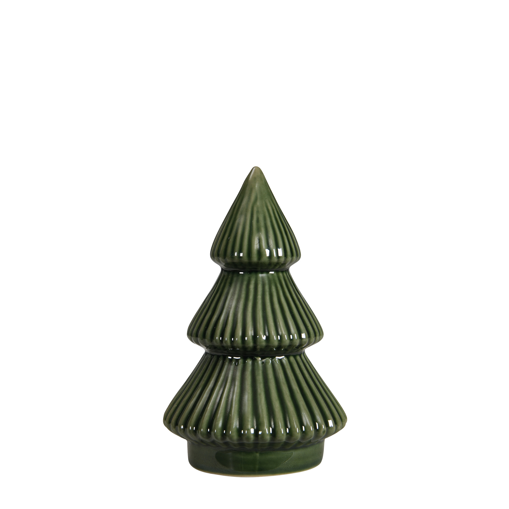 Statue Sapin de Noël Sylva en céramique émaillée vert foncé aux étages nervurés, 13 cm