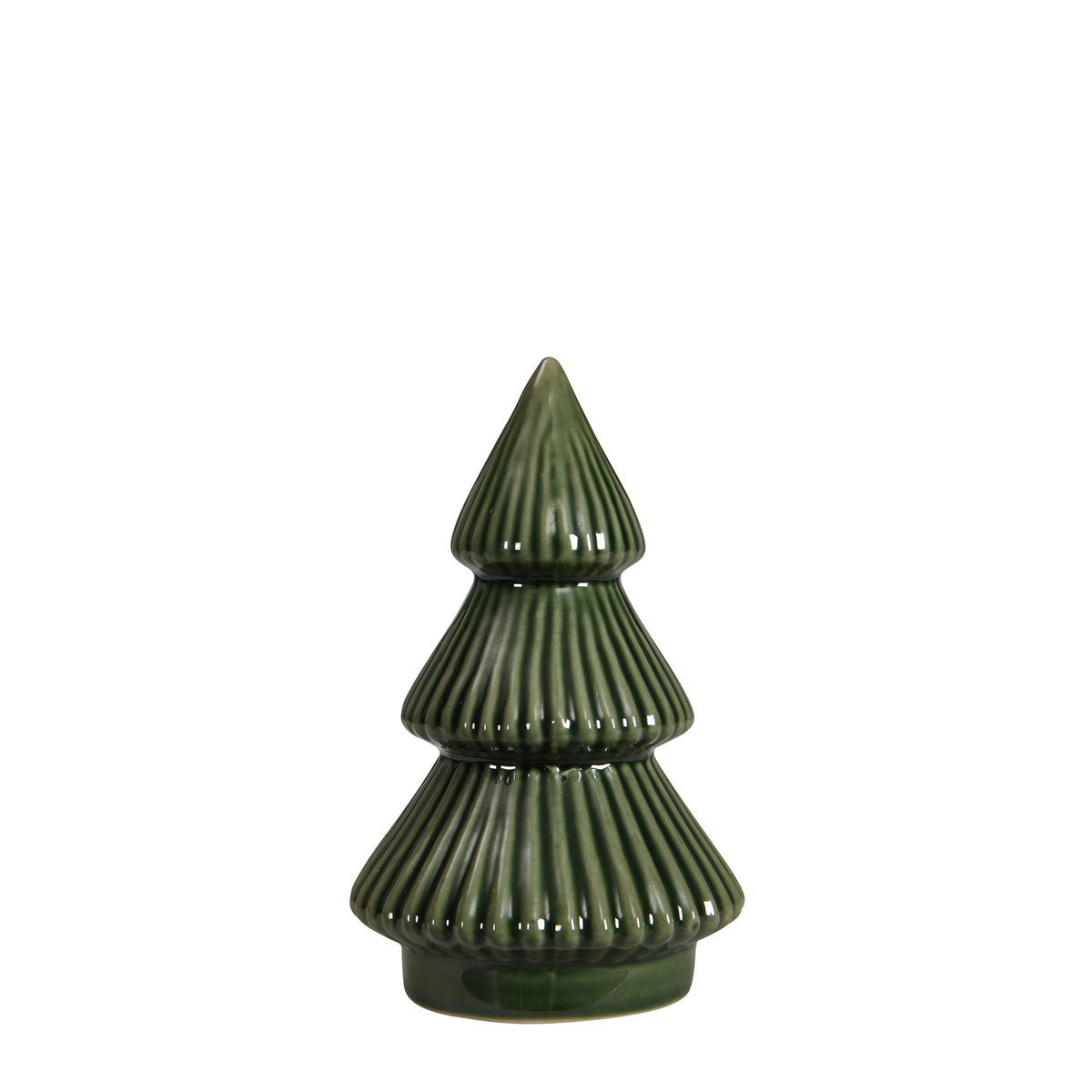 Statue Sapin de Noël Sylva en céramique émaillée vert foncé aux étages nervurés, 13 cm