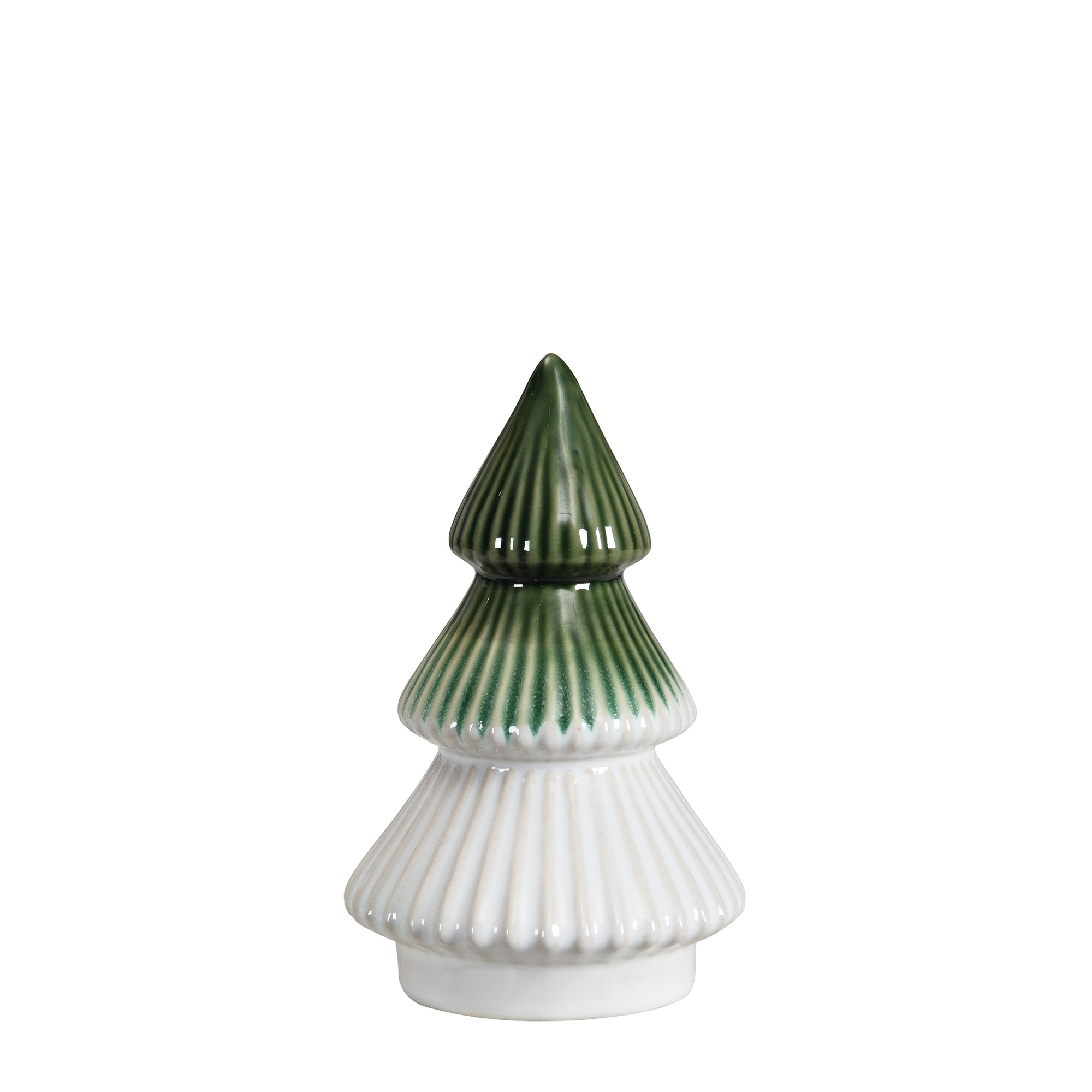 Statue Sapin de Noël Sylva en céramique émaillée vert et blanc aux étages nervurés, 13 cm