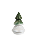 Statue Sapin de Noël Sylva en céramique émaillée vert et blanc aux étages nervurés, 13 cm