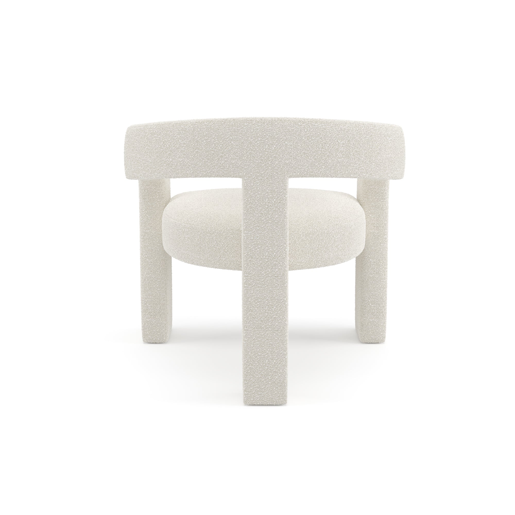 Fauteuil MILA en tissu bouclette crème vu de dos, dossier ajouré et piètement sculptural