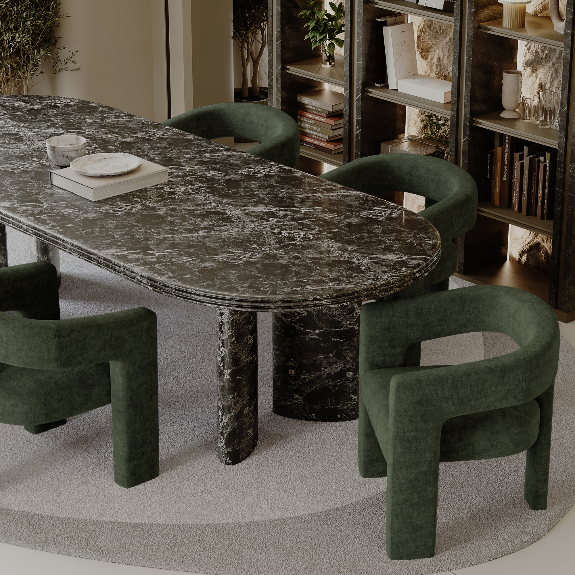 Fauteuils MILA en velours kaki autour d'une table à manger en marbre, salle à manger contemporaine, Sia Deco