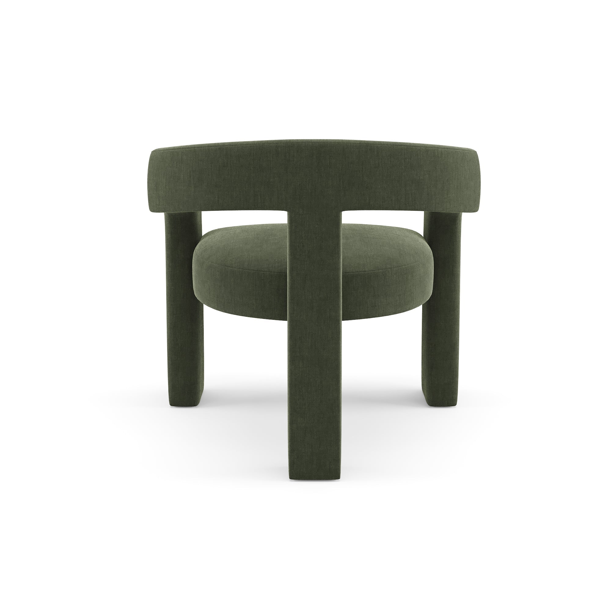 Fauteuil MILA en velours kaki vu de dos, dossier ajouré et piètement sculptural
