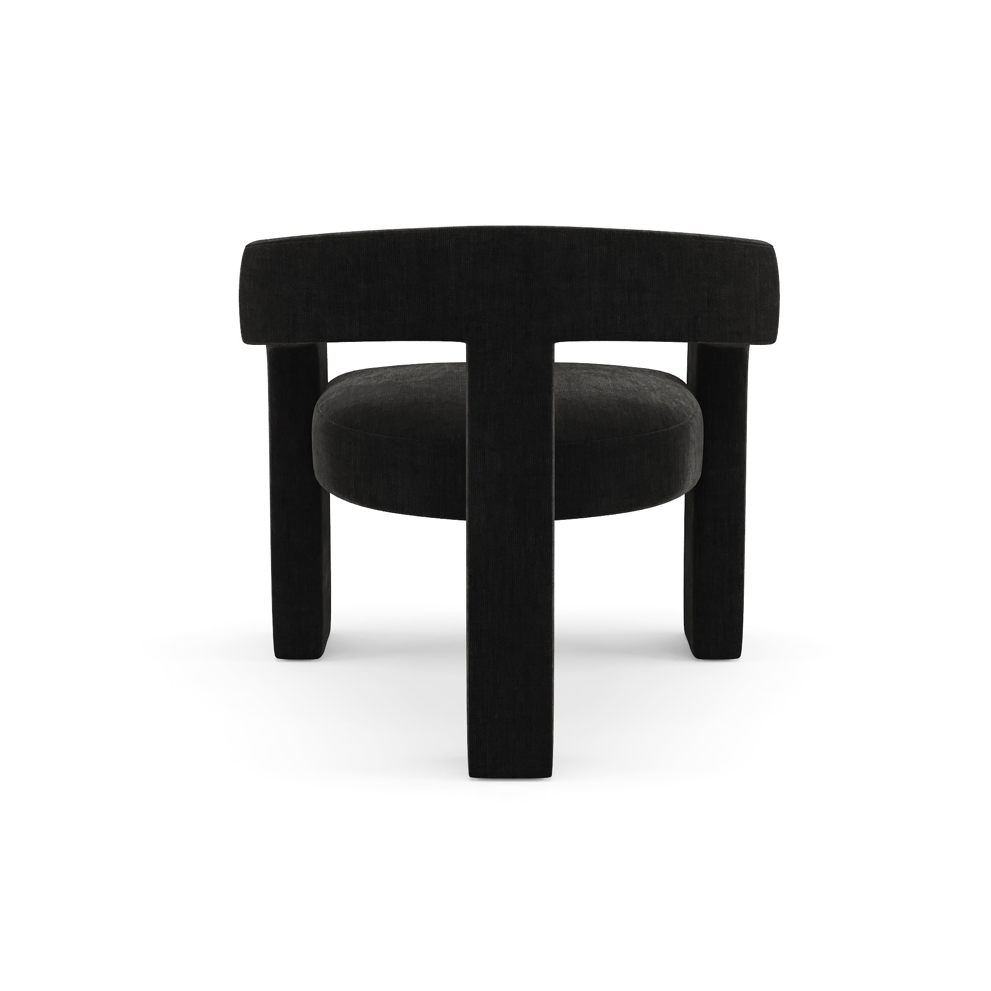 Fauteuil MILA en velours noir vu de dos, dossier ajouré et piètement sculptural