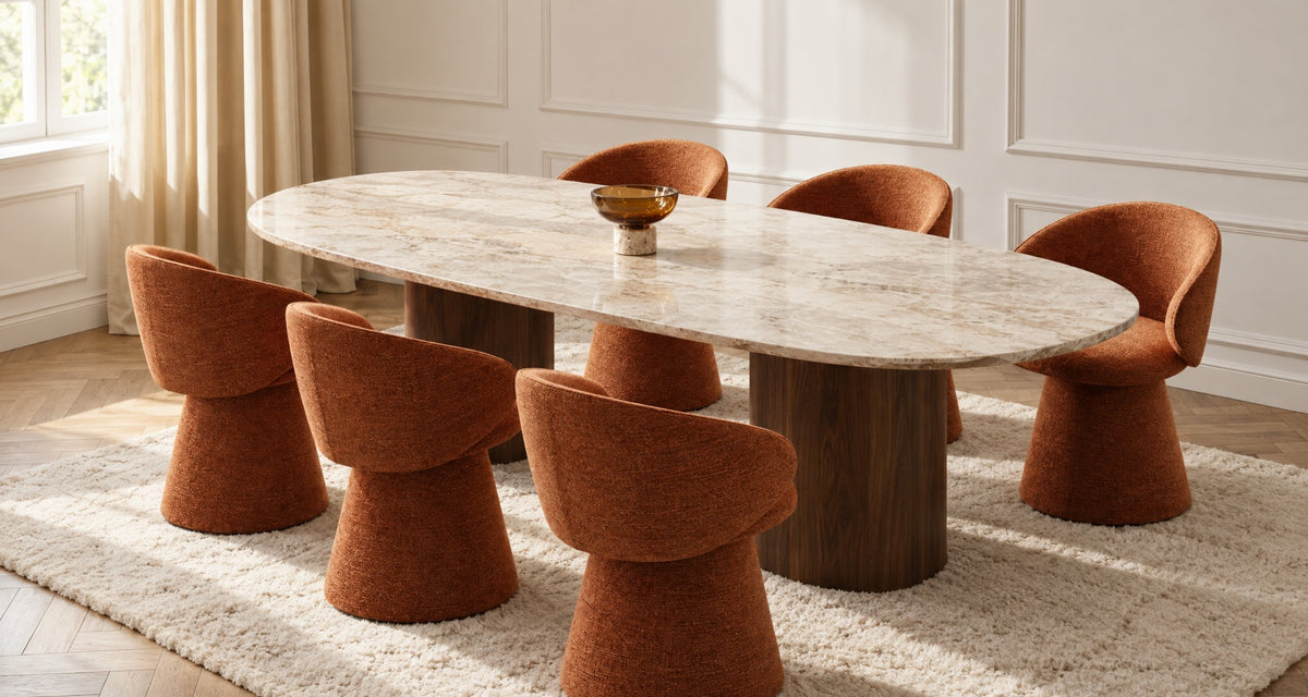 Table à manger ovale et chaises rouille