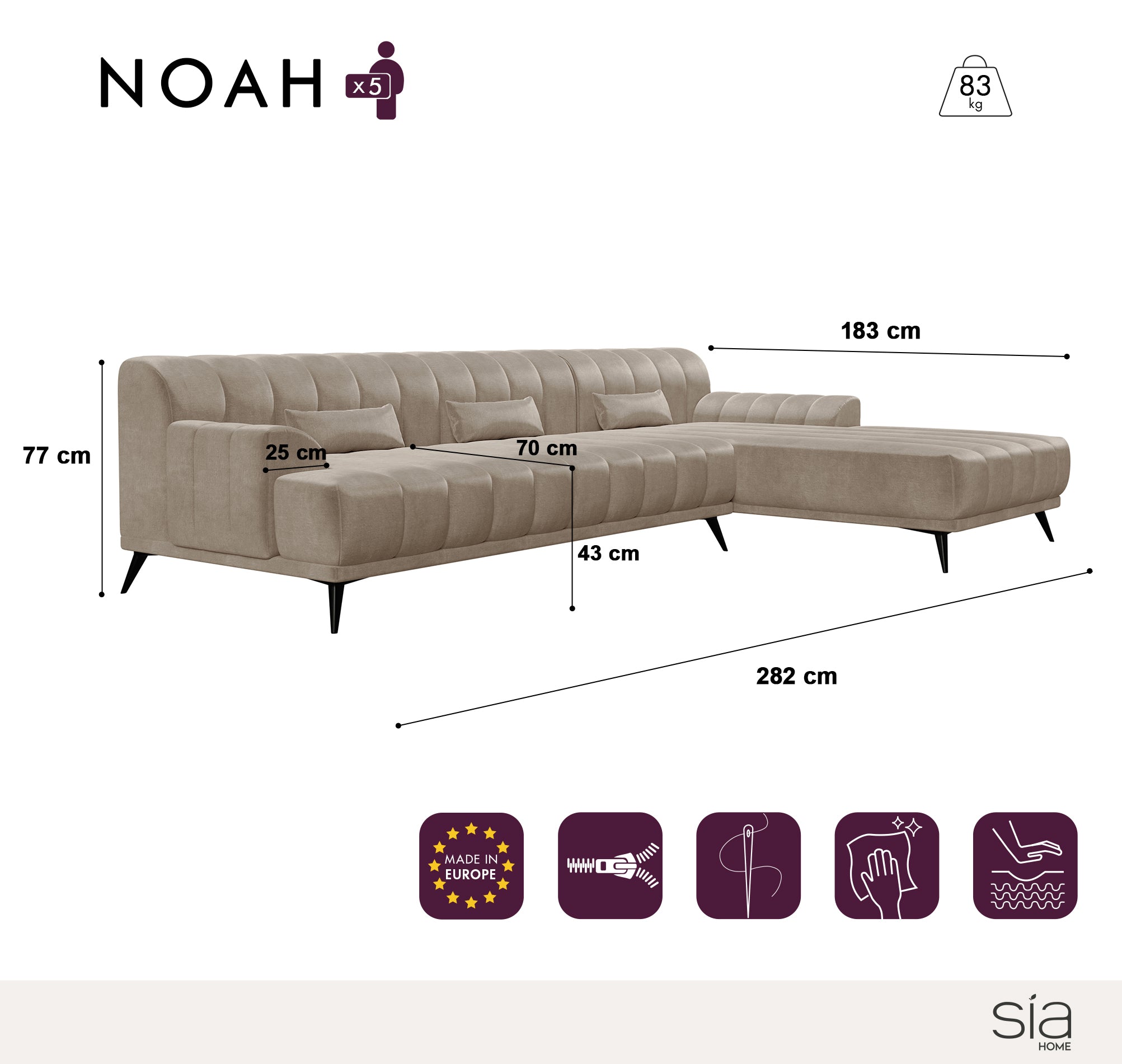 Canapé d'angle droit NOAH Tissu velours
