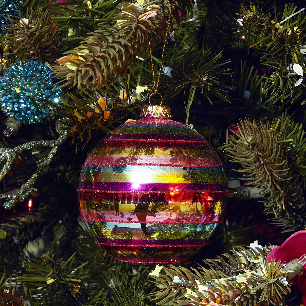 Boule de Noël Pop à Rayures et Paillettes Rouges