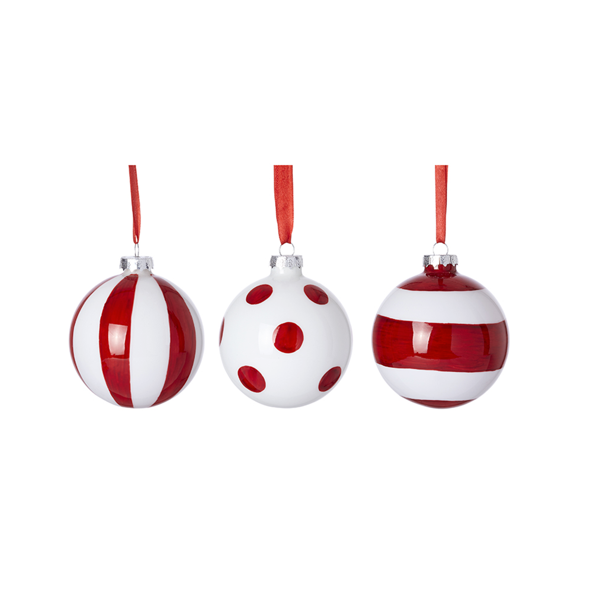 3 boules de noël rouges et blanches à motifs