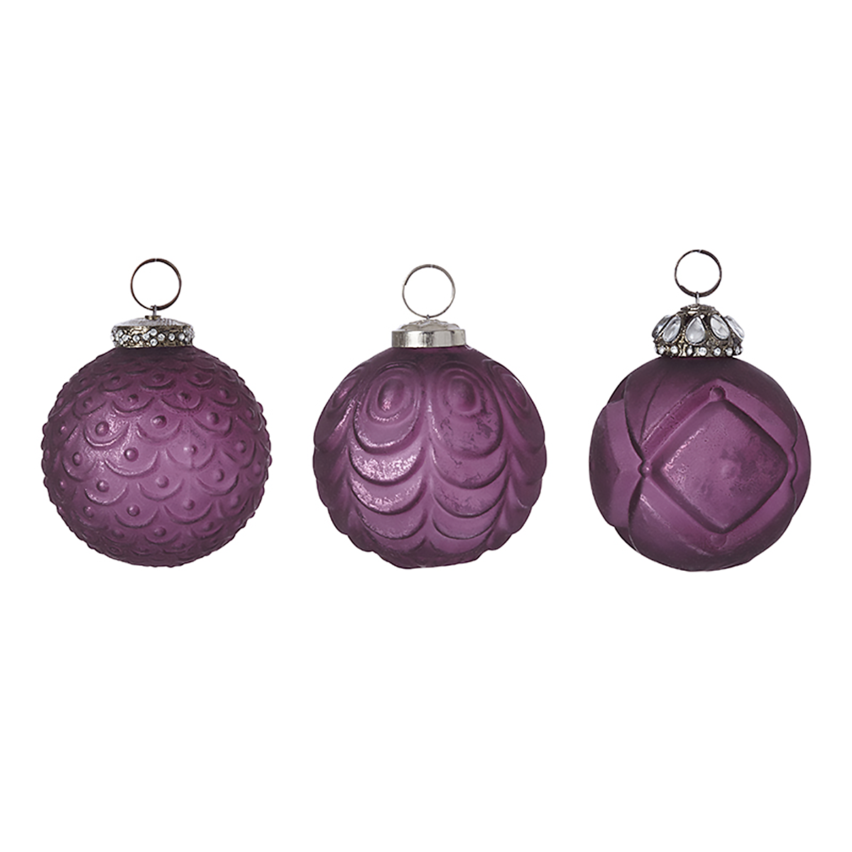 3 bolas navideñas moradas con varios estampados