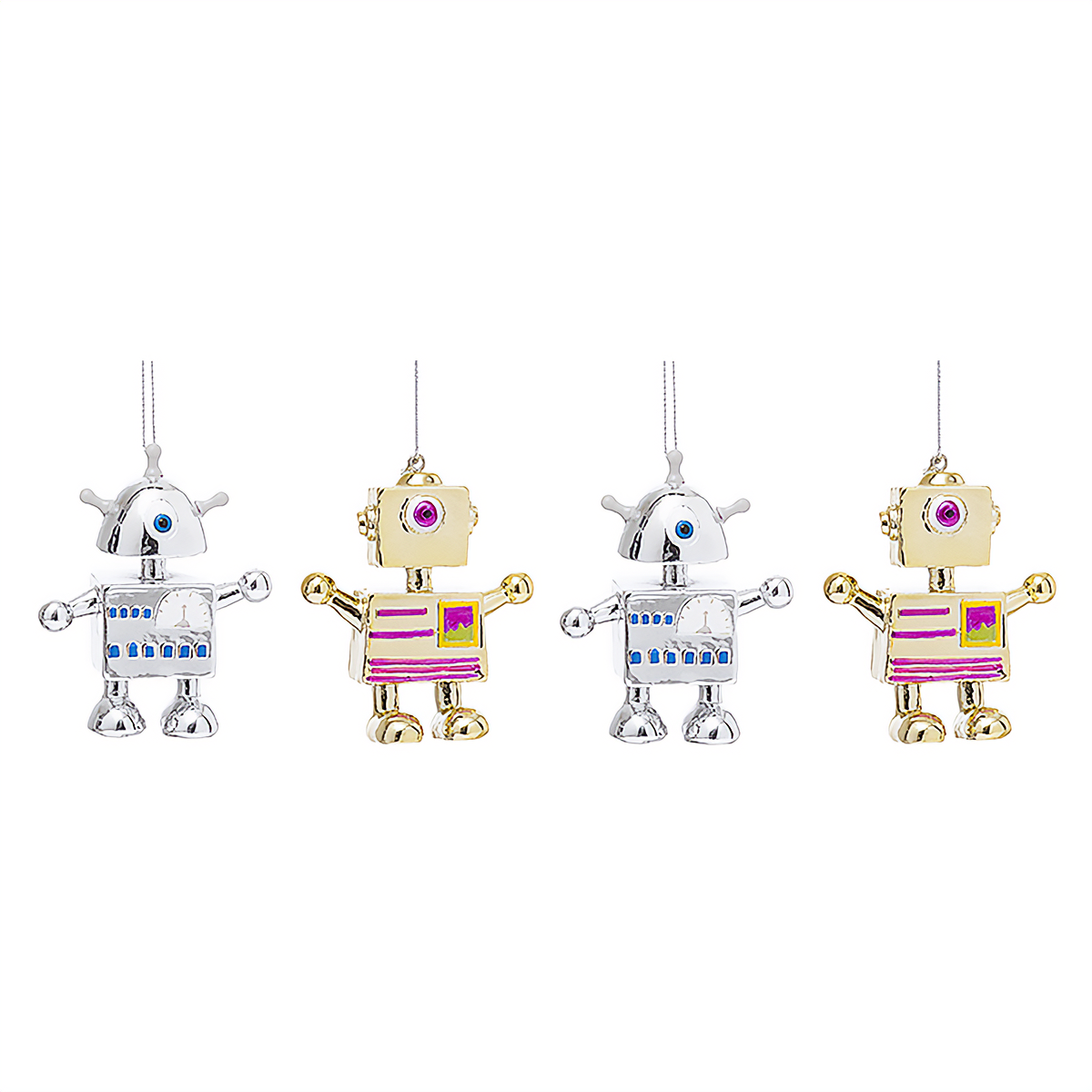 4 suspensions de noël pop robots dorés et argentés