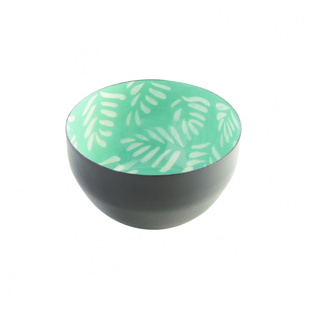 Bol de couleur vert jade avec un motif de palmier blanc à l'intérieur et avec l'extérieur en fer noir de la gamme SERENITY